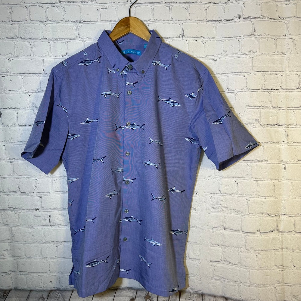 Tori Richard Mens Blue Shark Print Cotton Short Sleeve Button Down Shirt M